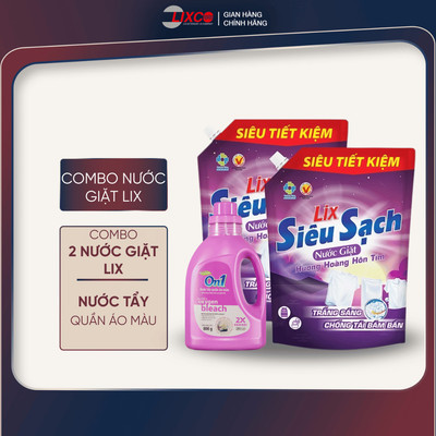 Combo 2 túi nước giặt Lix siêu sạch 2.4Kg/túi + Nước tẩy quần áo màu On1 hương Purple Freshness 800g N7501