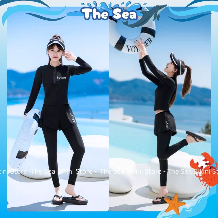 Đồ bơi nữ quần dài 2 lớp áo tay dài có dây khóa kéo màu đen bikini tắm biển Ninja kín đáo chống năng The Sea 056 | BigBuy360 - bigbuy360.vn