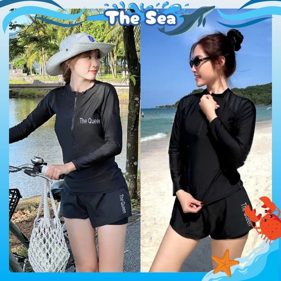 Đồ bơi nữ quần dài 2 lớp áo tay dài có dây khóa kéo màu đen bikini tắm biển Ninja kín đáo chống năng The Sea 056 | BigBuy360 - bigbuy360.vn