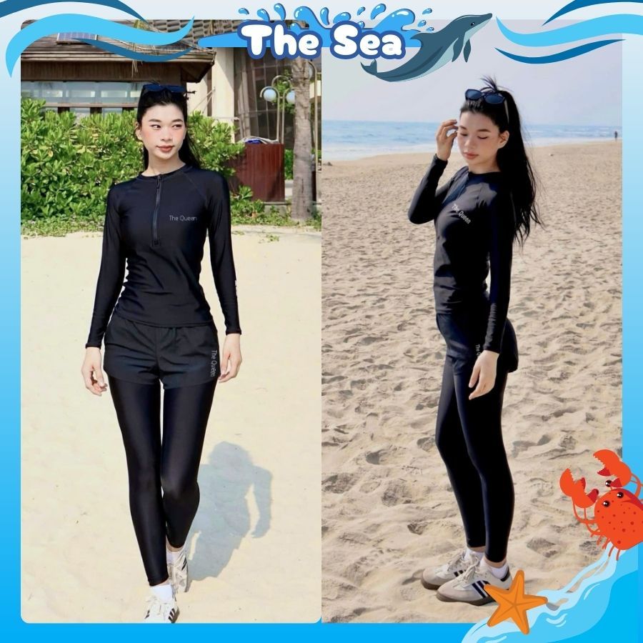 Đồ bơi nữ quần dài 2 lớp áo tay dài có dây khóa kéo màu đen bikini tắm biển Ninja kín đáo chống năng The Sea 056 | BigBuy360 - bigbuy360.vn