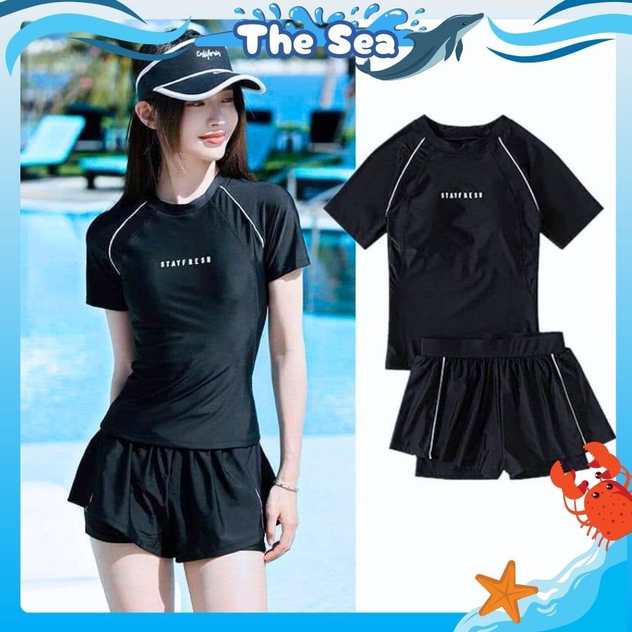 Đồ bơi nữ quần dài 2 lớp áo tay dài có dây khóa kéo màu đen bikini tắm biển Ninja kín đáo chống năng The Sea 056 | BigBuy360 - bigbuy360.vn