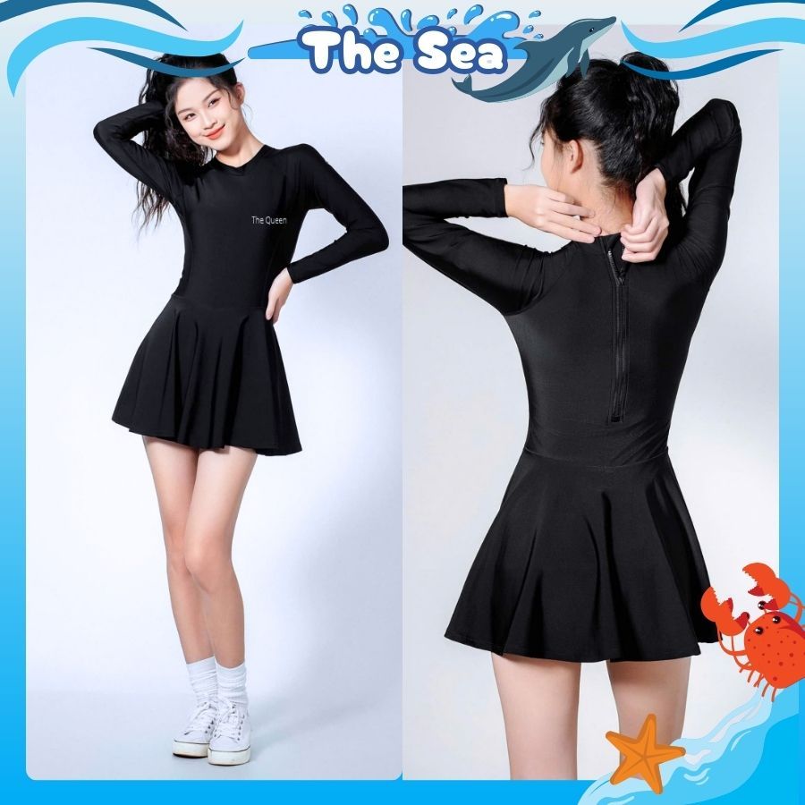 Đồ bơi nữ quần dài 2 lớp áo tay dài có dây khóa kéo màu đen bikini tắm biển Ninja kín đáo chống năng The Sea 056 | BigBuy360 - bigbuy360.vn