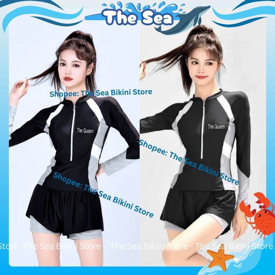 Đồ bơi nữ quần dài 2 lớp áo tay dài có dây khóa kéo màu đen bikini tắm biển Ninja kín đáo chống năng The Sea 056 | BigBuy360 - bigbuy360.vn
