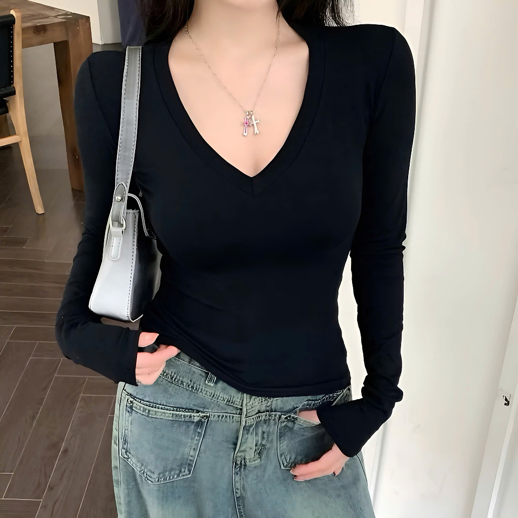 Áo Thun Dài Tay Cổ V Ôm Body Nữ Chất Liệu Thun Zip Cotton Mềm Mại Co Dãn | BigBuy360 - bigbuy360.vn