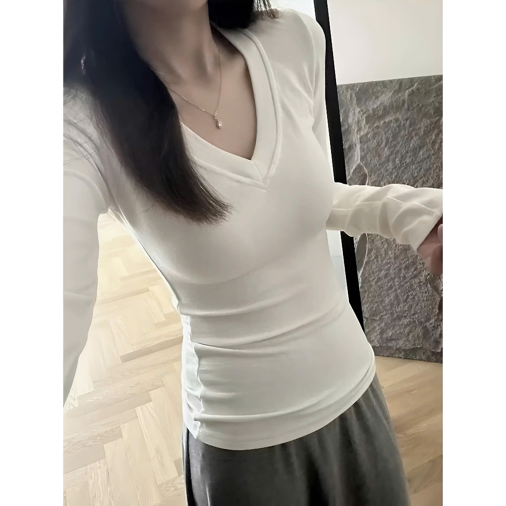 Áo Thun Dài Tay Cổ V Ôm Body Nữ Chất Liệu Thun Zip Cotton Mềm Mại Co Dãn | BigBuy360 - bigbuy360.vn