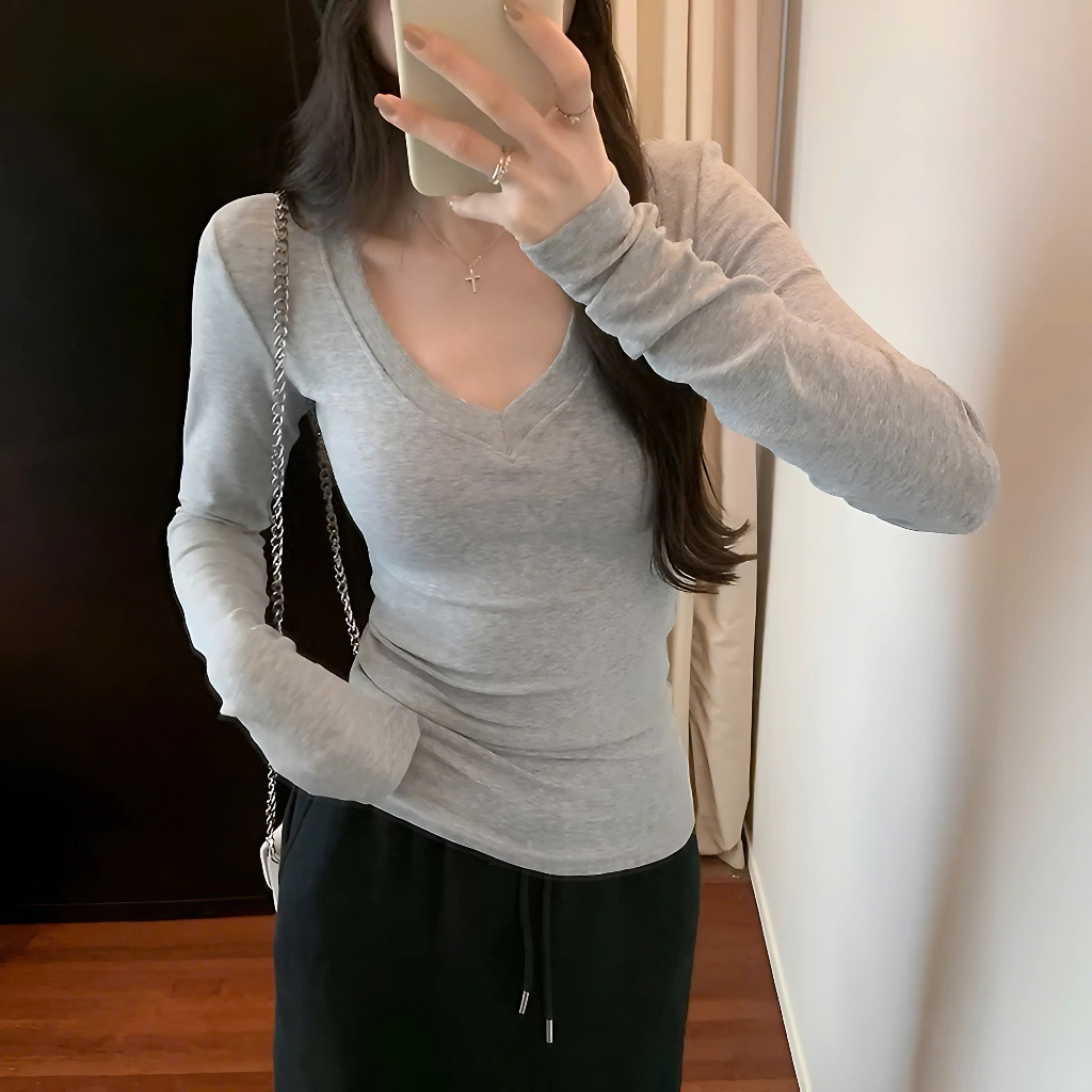 Áo Thun Dài Tay Cổ V Ôm Body Nữ Chất Liệu Thun Zip Cotton Mềm Mại Co Dãn | BigBuy360 - bigbuy360.vn