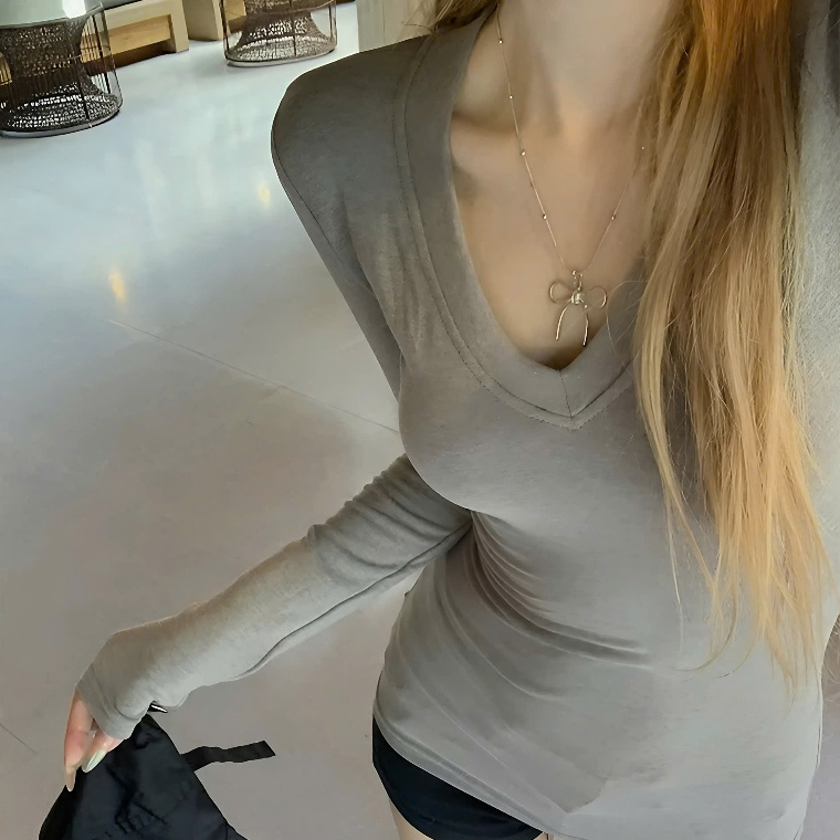 Áo Thun Dài Tay Cổ V Ôm Body Nữ Chất Liệu Thun Zip Cotton Mềm Mại Co Dãn | BigBuy360 - bigbuy360.vn