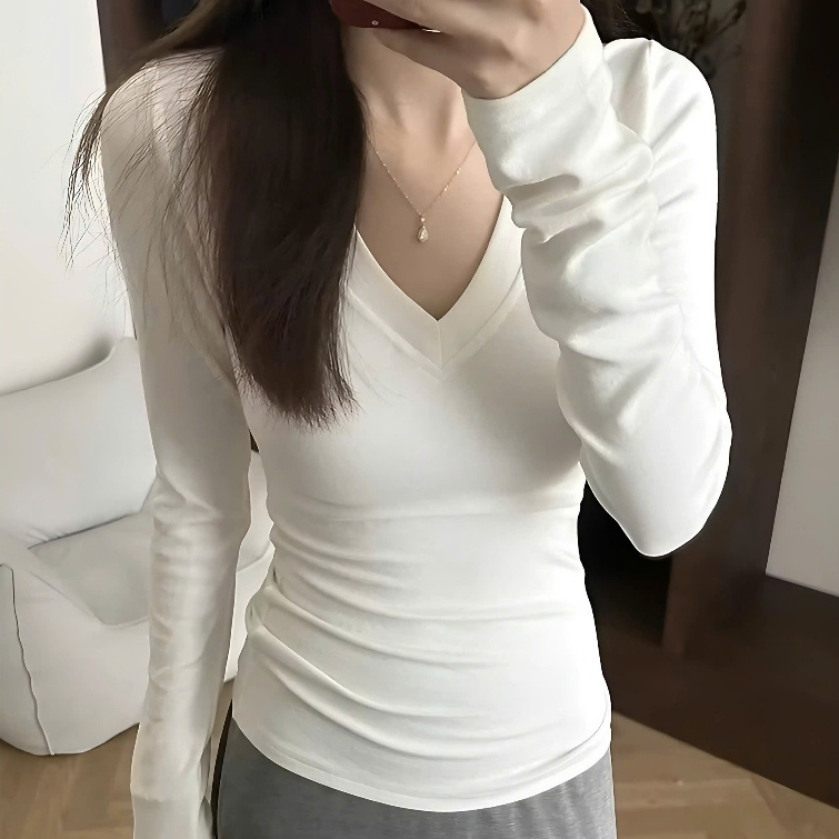 Áo Thun Dài Tay Cổ V Ôm Body Nữ Chất Liệu Thun Zip Cotton Mềm Mại Co Dãn | BigBuy360 - bigbuy360.vn