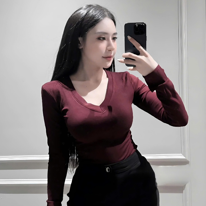Áo Thun Dài Tay Cổ V Ôm Body Nữ Chất Liệu Thun Zip Cotton Mềm Mại Co Dãn | BigBuy360 - bigbuy360.vn