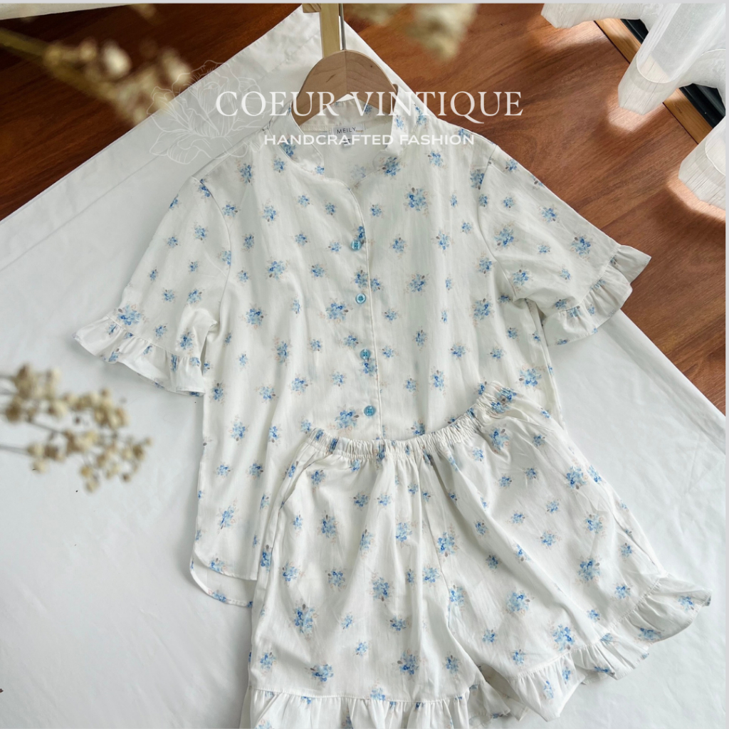 Bộ Ngủ Nữ, Pyjama Thiết Kế Thô Cotton Meily Hoa Xanh
