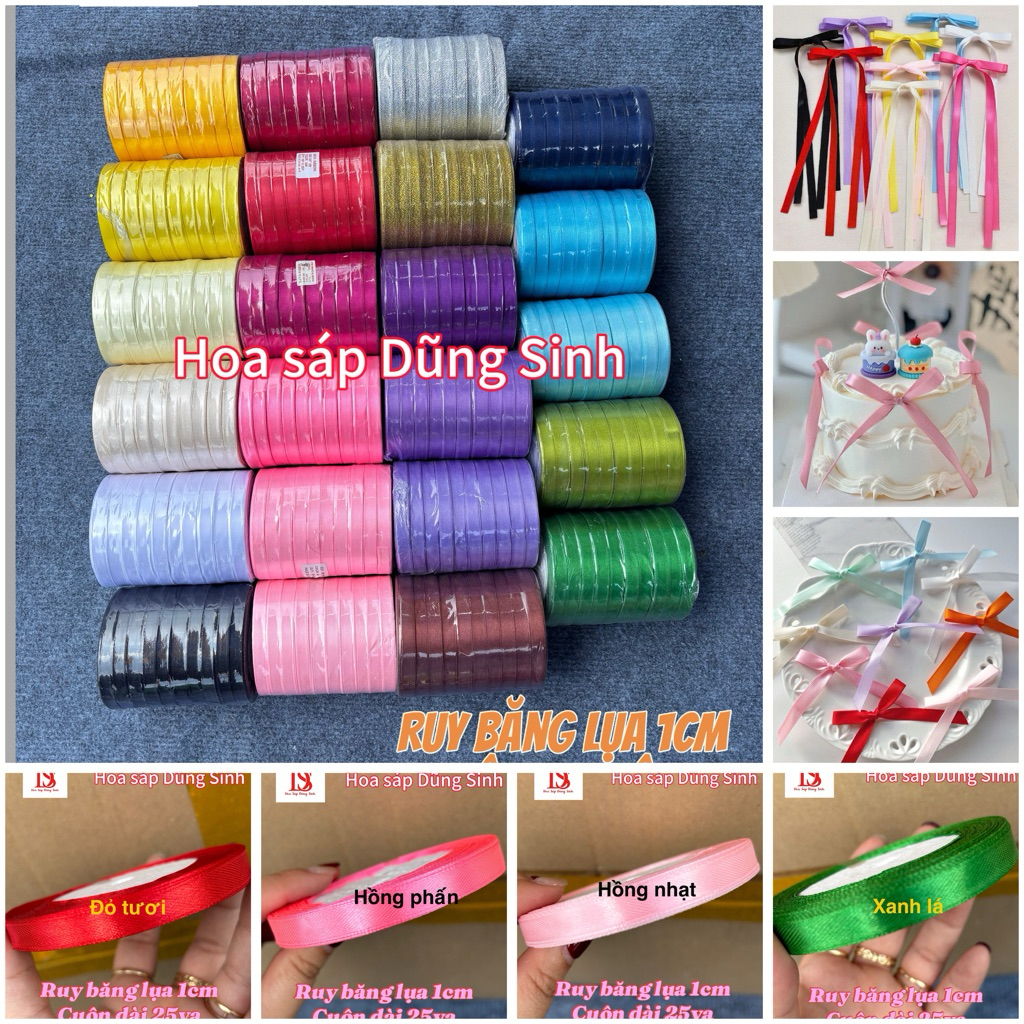 [ R600 ] Sỉ Cây ruy băng lụa 1cm ( 1 cây 10 cuộn), ruy băng lụa satin bản 1cm dài 22m bó hoa, gói quà, làm nơ, trang trí