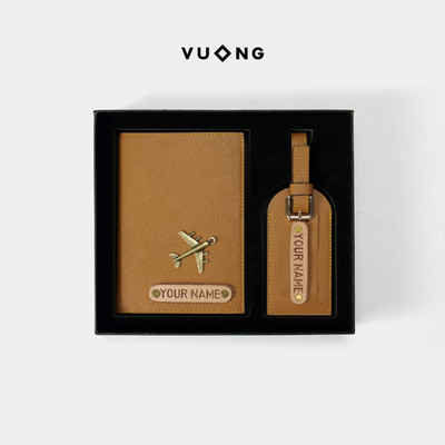 Vỏ bọc hộ chiếu Vuông Shop®️ Combo da thật khắc tên passport cover