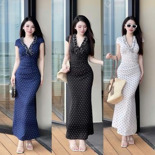  Đầm Body Nhún Eo Chấm Bi Dáng Dài Cổ Tim Viền Bèo Tay Ngắn Dễ Thương Xinh Xắn Chất Thun Gân Tăm Mềm Mại Thích Hợp ĐiTiệc 