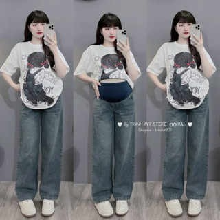   TRINH MIT  Quần Bò Suông Bầu Hàng Đẹp Dày Dặn Màu Bò Mốc Xanh Đen - Quần Bò Mềm Có Chun Chỉnh Eo Cho Bầu 