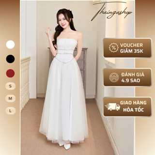 Đầm dự tiệc hai dây cúp ngực dáng dài phối lưới xoè kèm tag hoa màu trắng, đen, đỏ sang chảnh D1191