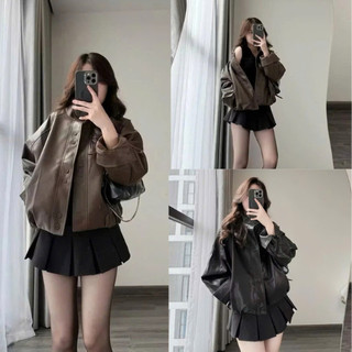   Hàng Loại 1   2 Lớp  Áo Khoác Da Trơn Cúc Đôi Form Rộng Bo Chun Viền Gấu Phong Cách Hàn Quốc 