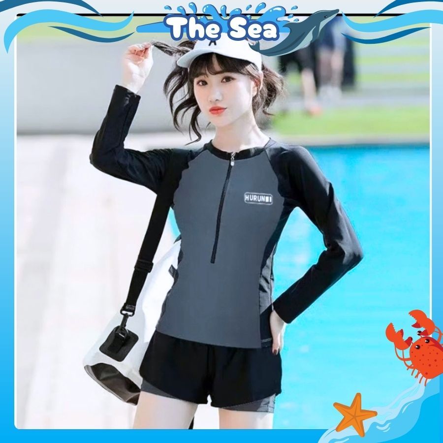 Đồ bơi nữ quần dài 2 lớp áo tay dài có dây khóa kéo màu đen bikini tắm biển Ninja kín đáo chống năng The Sea 056 | BigBuy360 - bigbuy360.vn
