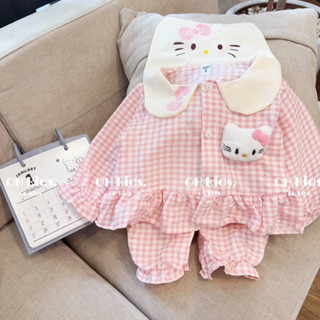   6-14kg  Bộ pizama đũi kitty kẻ hồng cho bé gái 