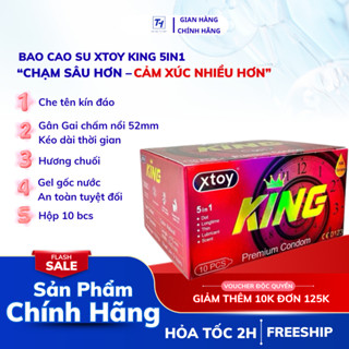  Bao cao su XTOY King 5in1 kéo dài thời gian quan hệ gân gai nhiều gel bôi trơn hương chuối size 52mm - Hộp 10 bcs 