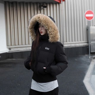    SẴN S VÀ L  Áo Khoác Phao Nữ Dáng Ngắn Unisex Có Mũ Lông Thời Trang Trẻ Trung 