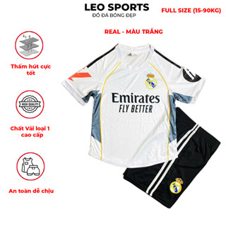 Bộ đá bóng trẻ em, người lớn CLB Real Trắng đồ đá banh vải thun lạnh cao cấp thoáng mát