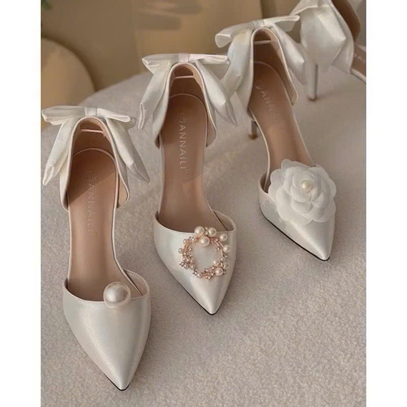 {Có size 33} Giày cưới, giày cô dâu, giày dự tiệc cao gót chất liệu Satin cao cấp gót 7cm và 9cm