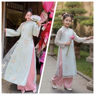  Áo dài mẹ và bé gái Liên Hoa Ngư áo dài trung thu áo dài tết 2026 cho bé gái - màu xanh - áo dài Ngọc Diệp - ND25.773 