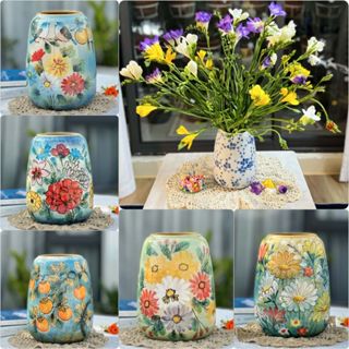 Bình hoa gốm sứ Bát Tràng dáng vò đu đủ nhỏ khắc sen cao 19 cm cắm hoa decor trang trí nội thất đẹp