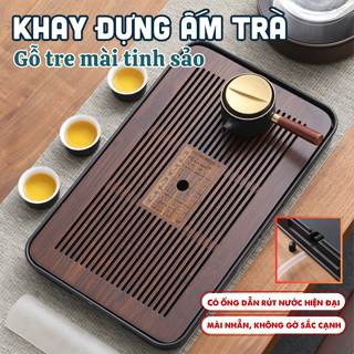 Khay Đựng Ấm Chén Uống Trà Chất Liệu Gỗ Tre Có Khe Hứng Nước Tiện Lợi, Khay Trà Gỗ Cao Cấp Kích Thước Đa Dạng