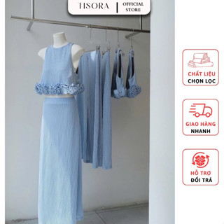  Sét bộ áo crop top đính hoa + Chân váy xanh dài kẻ sọc xanh da trời  - TISORA D0162 