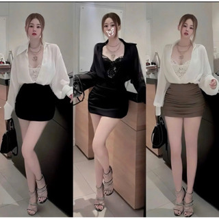  Đầm áo sơ mi kèm áo hai dây ren áo bra kèm chân váy ôm body cực sexy phối màu siêu xinh thanh lịch cho nữ set dự tiệc 