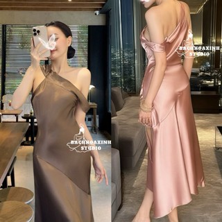  Đầm lụa lệch vai xẻ tà sang trọng quý phái dự tiệc 