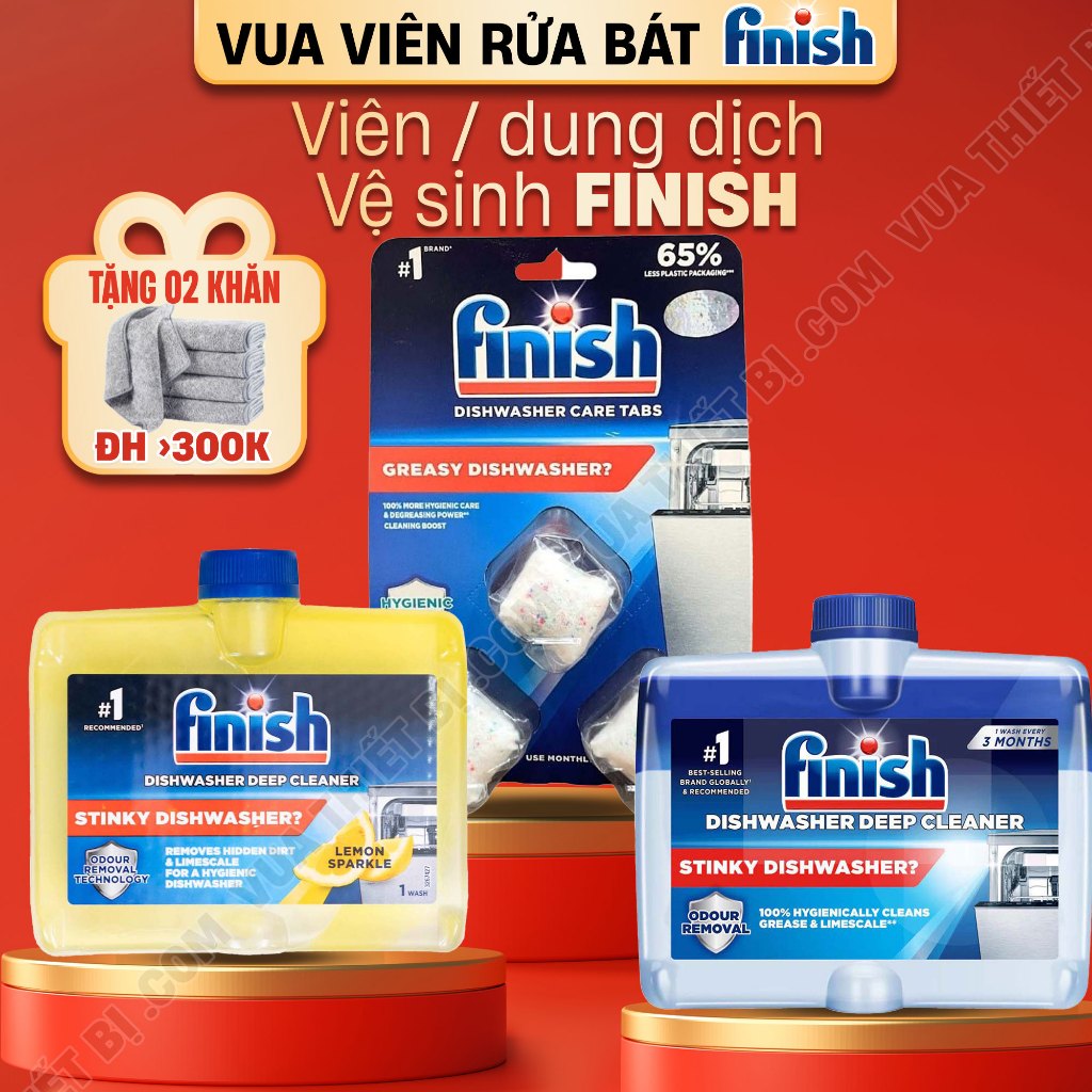 Dung dịch vệ sinh máy rửa bát FINISH 250ml hương chanh / soda - Chai nước tẩy khoang máy rửa chén vỉ 3 viên nhập khẩu