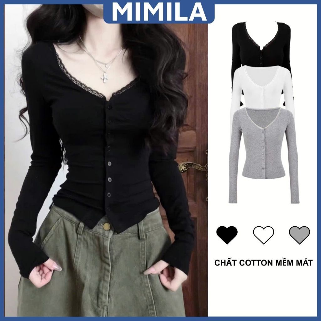 Áo Thun Kiểu Nữ Dài Tay Cổ Chữ V Phối Ren MIMILA Phong Cách Sexy Mặc Thu Đông Chất Cotton