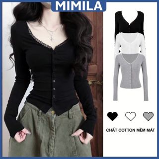 [CÓ SIZE] Áo Thun Kiểu Nữ Dài Tay Cổ Chữ V Phối Ren MIMILA Phong Cách Sexy Mặc Thu Đông Chất Cotton