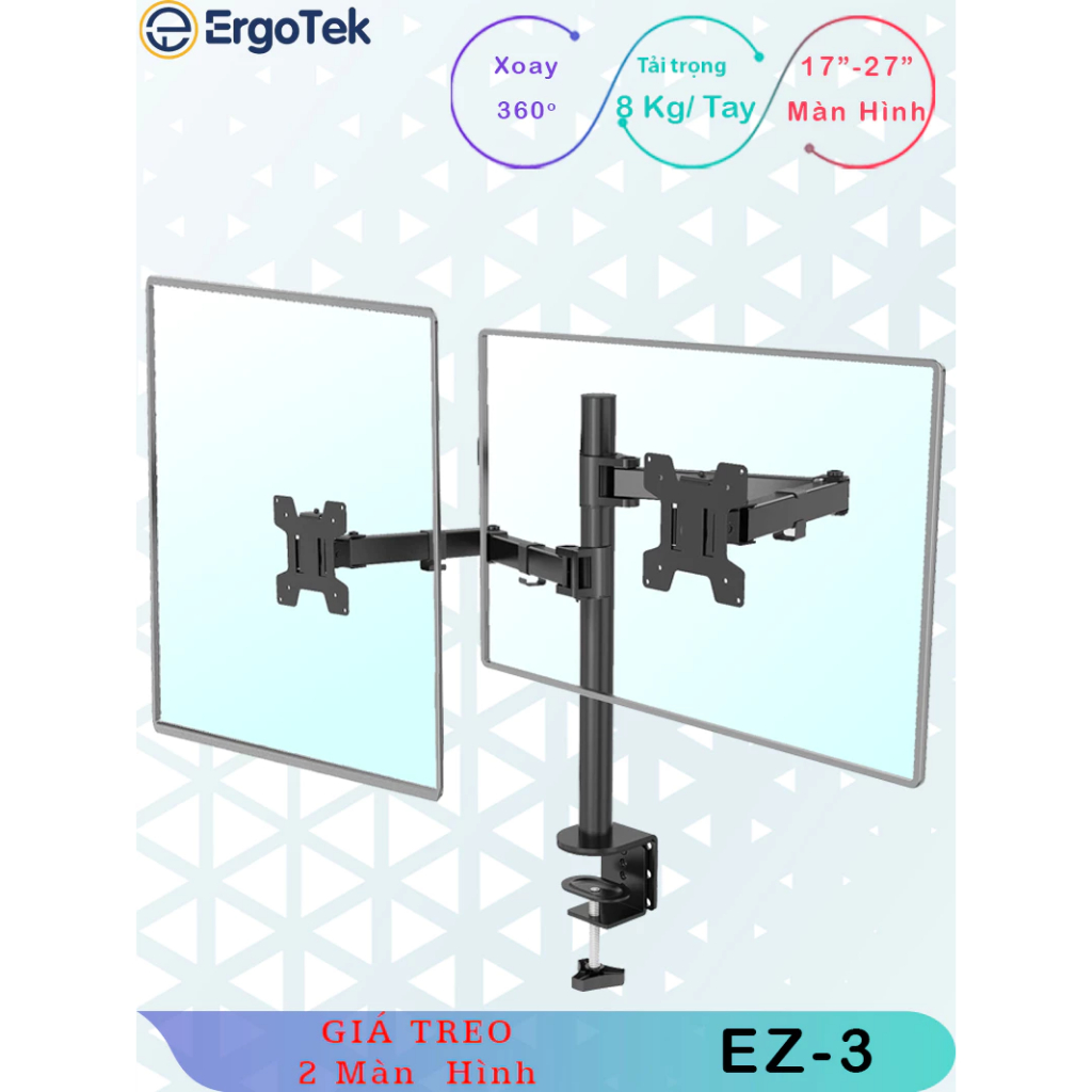 Thanh lý EZ3 Ergotek - Giá Treo Hai Màn Hình Máy Tính/ Giá Đỡ 2 Màn Hình Kẹp Bàn [17 – 27 Inch] Mới 