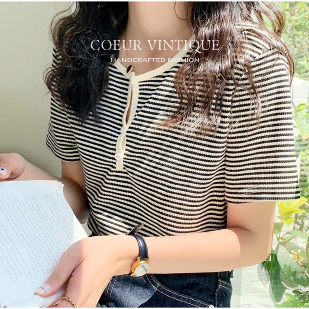 Áo Thun Cotton Kẻ Ngang Thiết Kế Cúc Ngực Coeur Meily