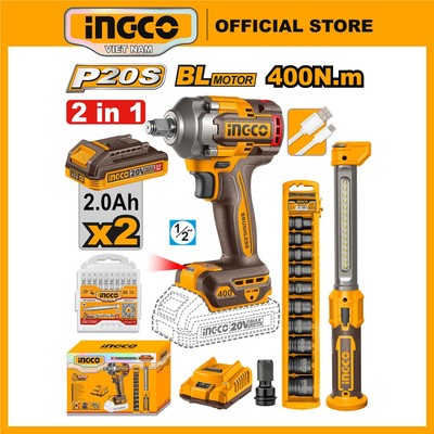 Bộ combo máy siết bulong dùng pin INGCO COSLI23048 400Nm kèm đèn pin, 2 pin 20V, 10 tuýp và phụ kiện