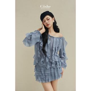  Coshe áo trễ vai dáng suông chất tơ oganza cao cấp WINK TOP thiết kế xếp tầng bèo nhún bồng bềnh nữ tính 