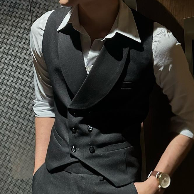 Áo gile nam cao cấp cổ vest ve rộng VERATINO 6 cúc 2 lớp đai tôm sau lưng cách điệu