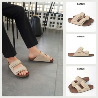 Dép Quai Ngang Nam Nữ Unisex Xé Dán DARIUS Kiểu Sandal Đi Làm Quai Da Lộn Đế Trấu Lõi Cao Su Non Chống Trơn Trượt D611