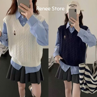 Áo gile len cổ chữ V kẻ sọc thêu gấu, áo len dệt kim họa tiết xoắn thừng Renee Store - GL1160