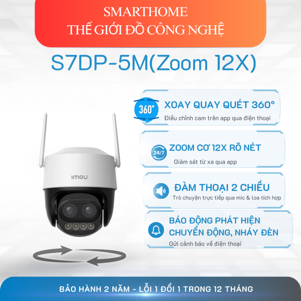 IMOU S7DP-5MP Cam wifi ngoài trười có chế độ Zoom xa 12X rõ nét,xoay 360, đàm thoại 2 chiều.