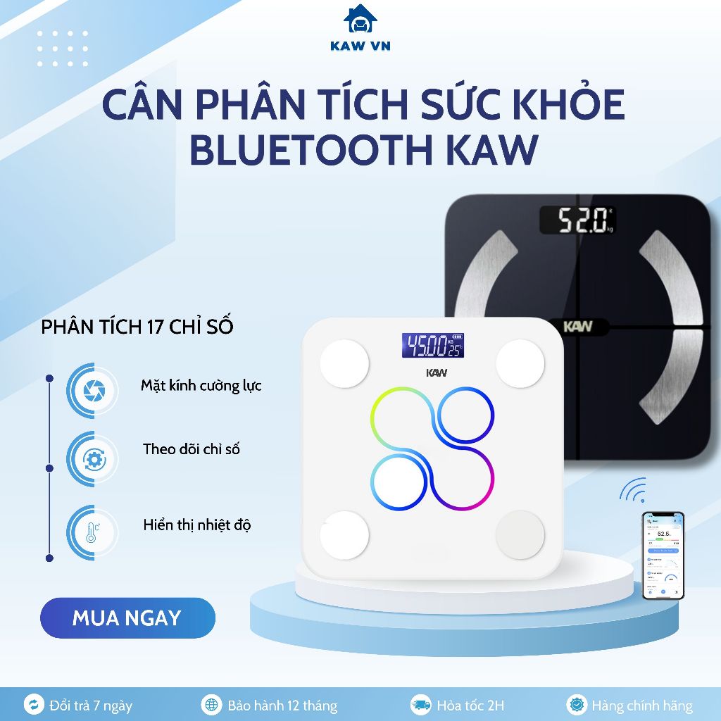 Cân điện tử sức khỏe KAW phân tích 12 chỉ số Kết nối Bluetooth, Mặt kính cường lực Màn hình LED