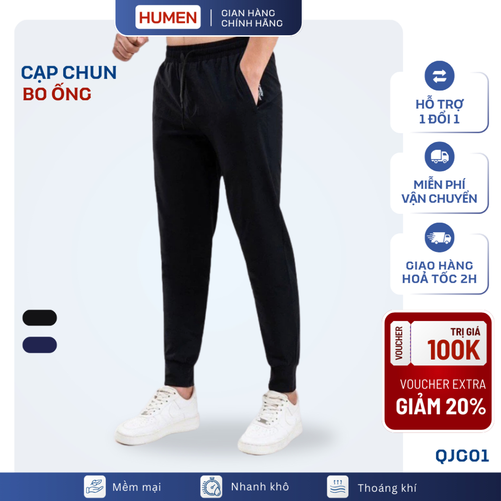 Quần JOGGER nam thể thao HUMEN chất vải gió co giãn cao cấp, cạp chun, bo ống, vận động thoải mái QJG01