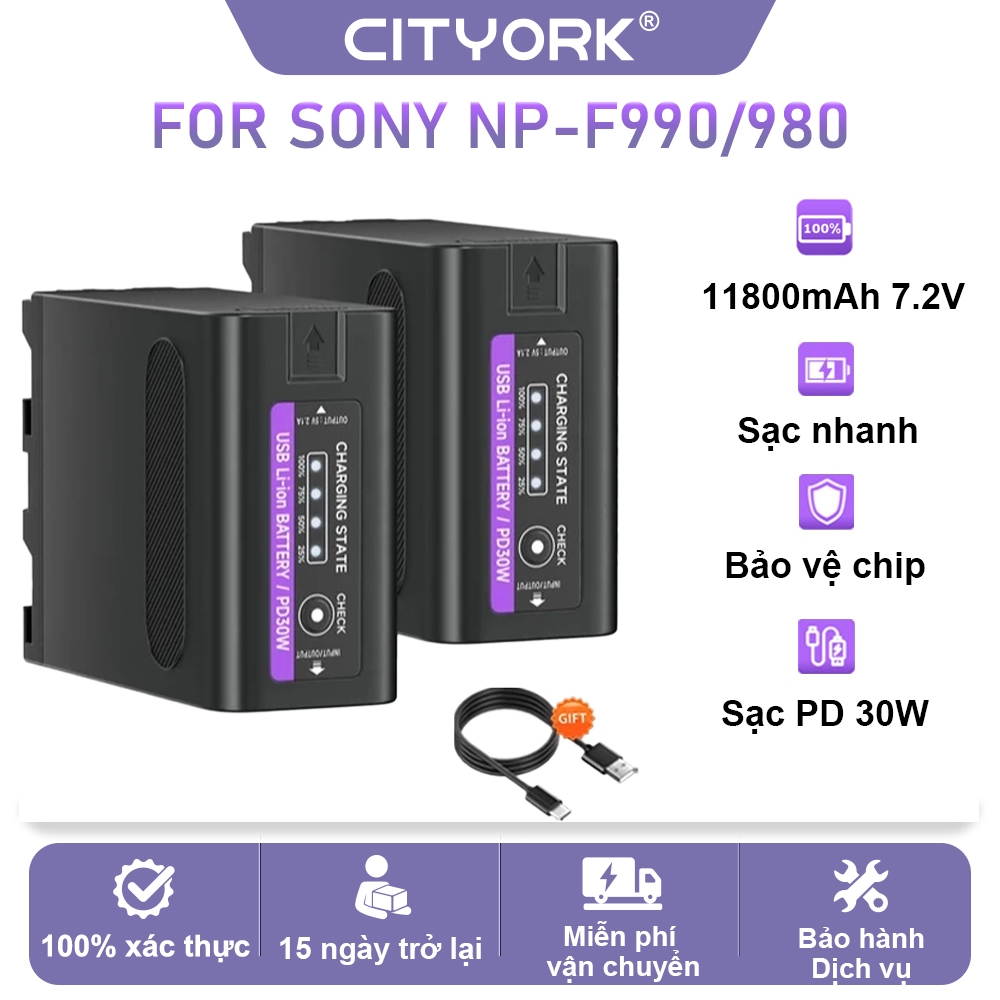 CITYORK Pin Sony F990/980 11800mAh có đèn báo nguồn LED Cho đèn chụp studio máy quay monitor stream