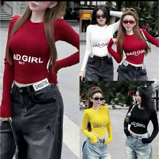  Áo Thun Croptop Dài Tay Nữ XỎ NGÓN BAD GIRL cotton lụa Áo Thun Ôm Body Co Giãn Y2K 