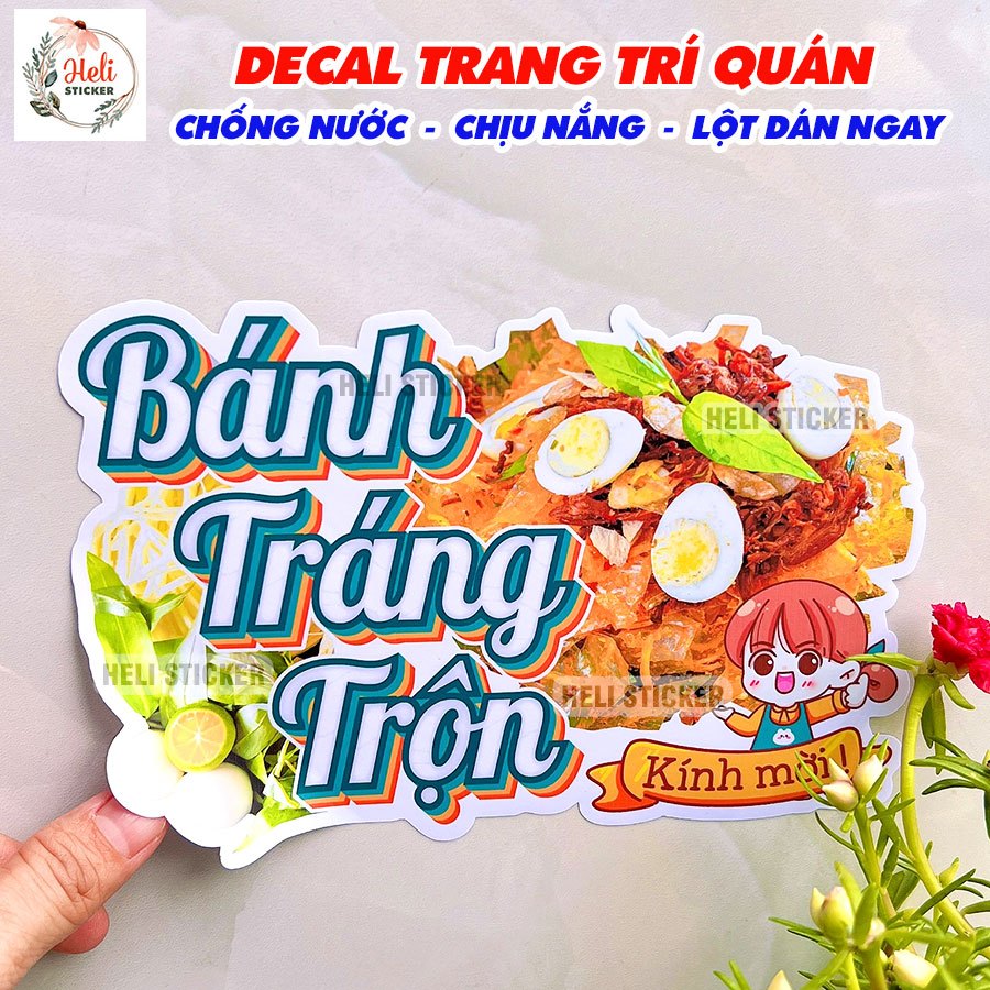 Decal BÁNH TRÁNG TRỘN Trang Trí Quán Ăn, Cà Phê, Trà Sữa, Hình Ép Plastic Decor Quán Chống Nước, Chị