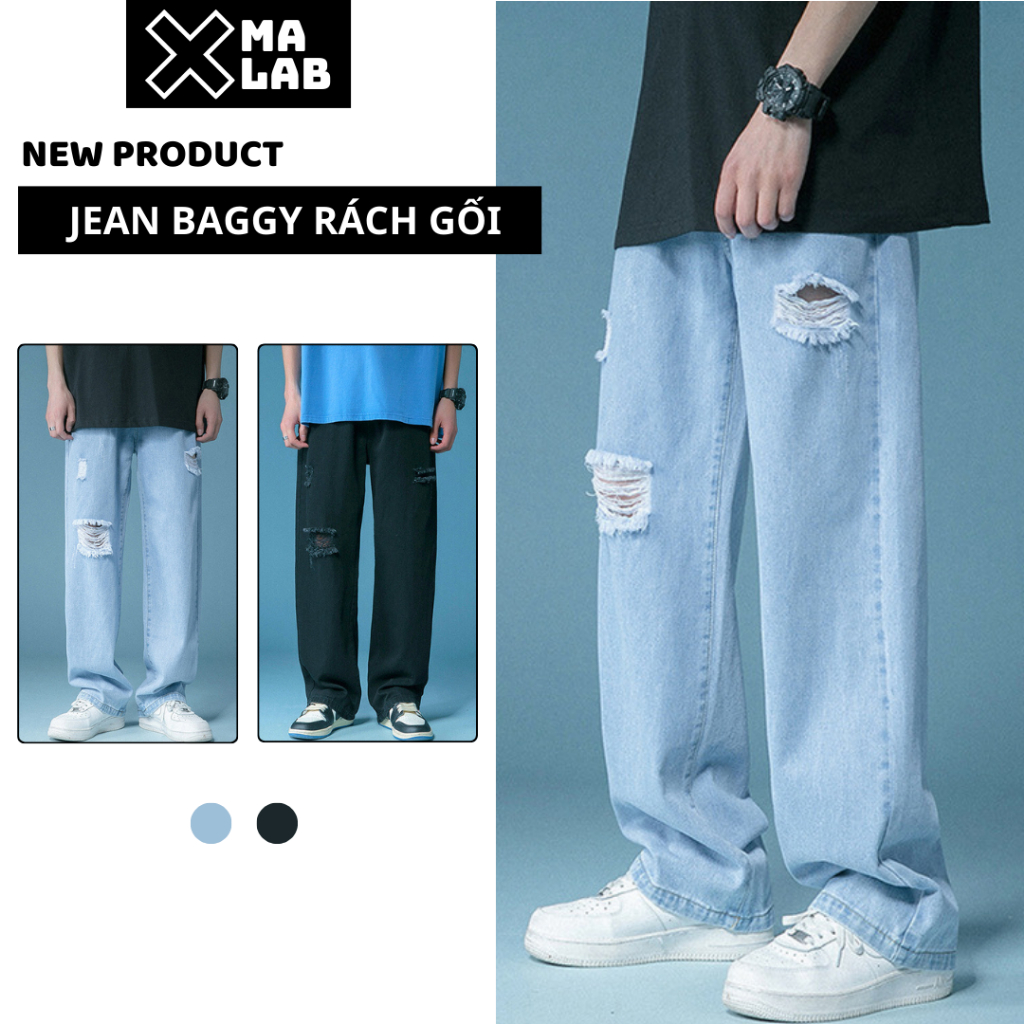 Quần jean nam baggy rách gối ống rộng dáng suông chất liệu vải bò cao cấp trơn hottrend XMALAB B003
