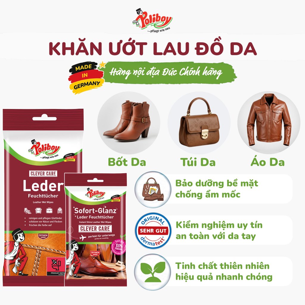 Khăn Ướt Lau Đồ Da Poliboy, Nội Địa Đức, Đánh Bóng Đồ Da, Chống Ẩm Mốc